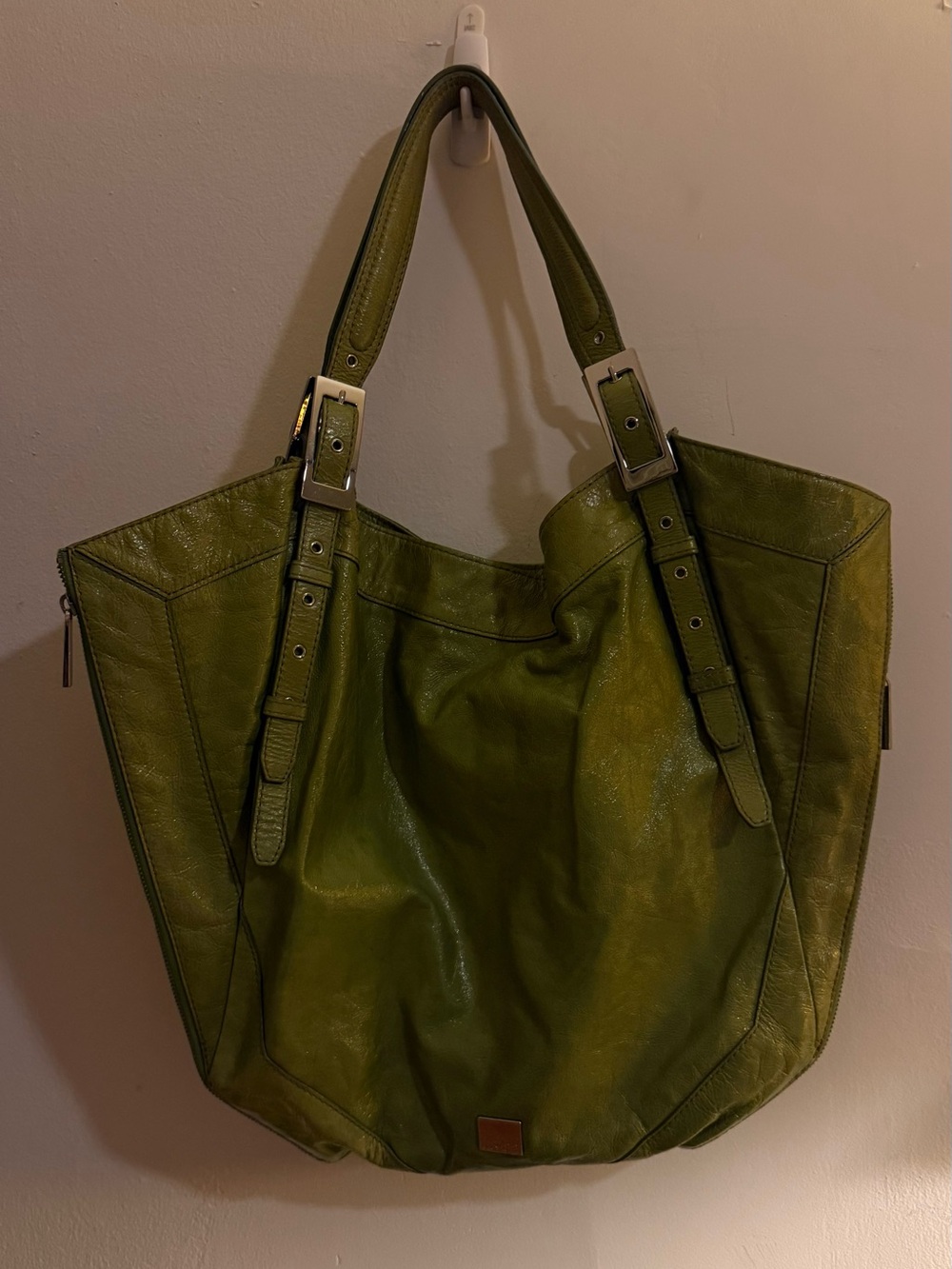 Green Leather Tote Bag with Adjustable Straps